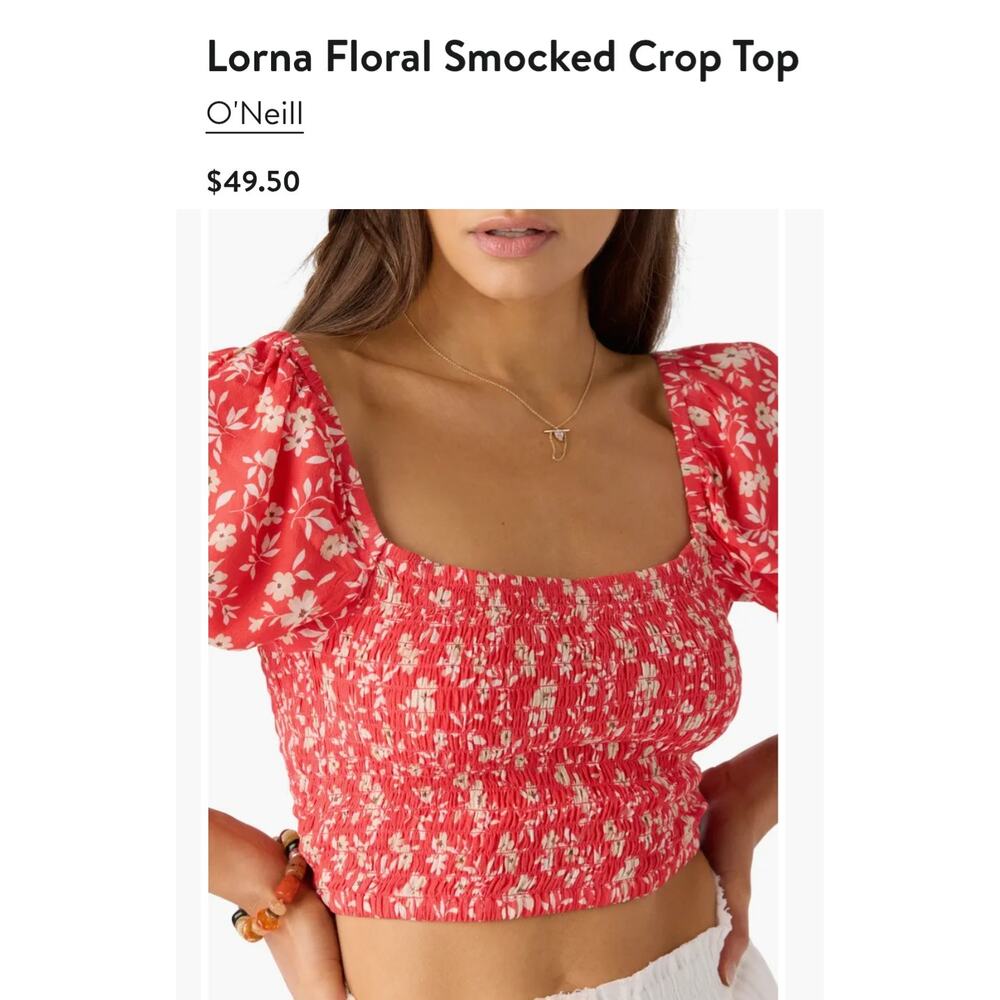 Chic O'Neill Lorna Red Floral Smocked Crop Top Women's NWT